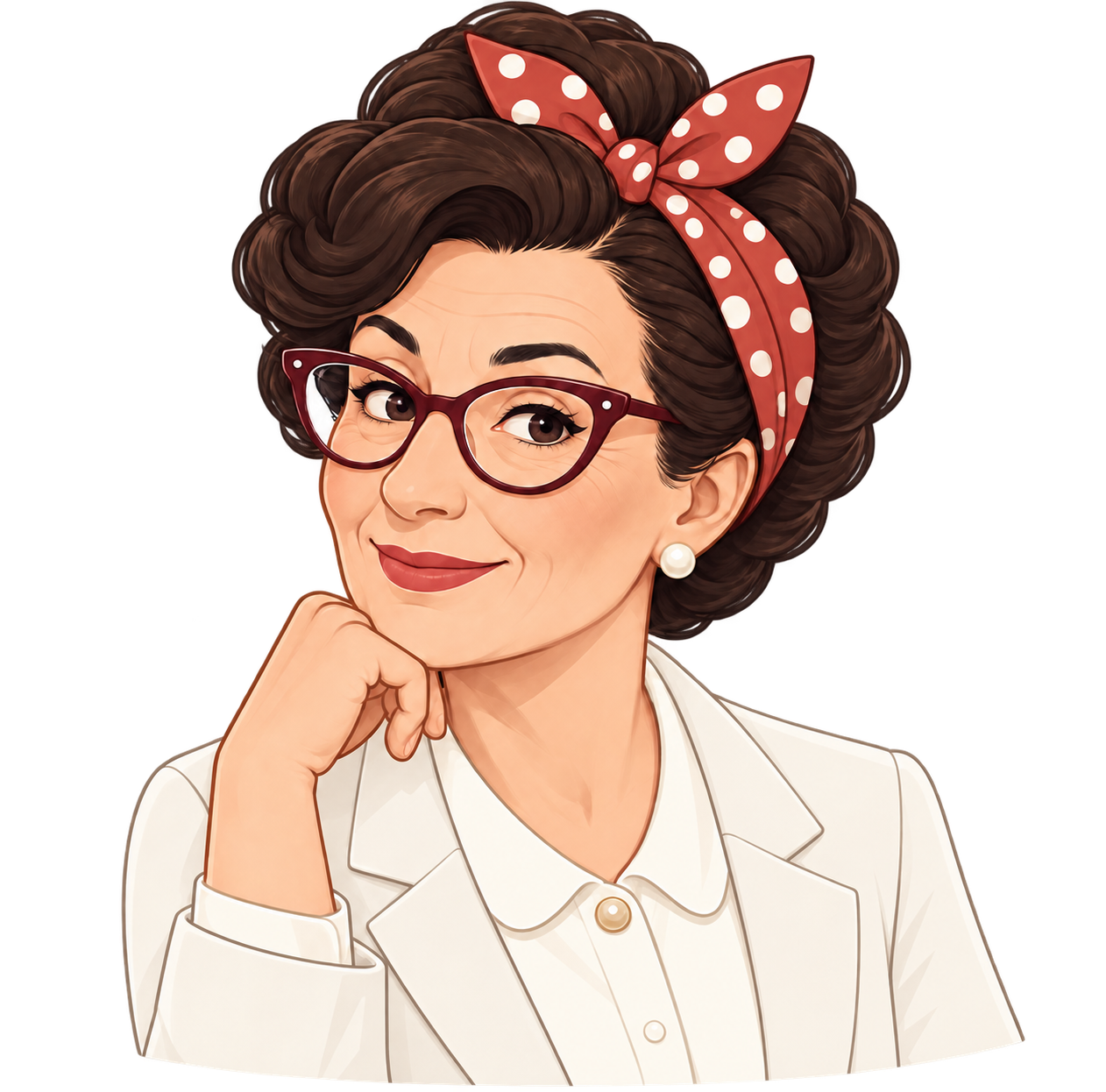 Monique, votre collègue IA : visage fin, lunettes papillon et foulard rouge à pois blancs
